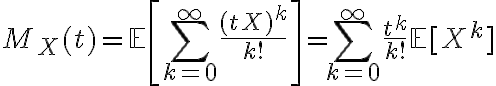 $M_X(t) = \mathbb{E}\left[\sum_{k=0}^{\infty} \frac{(tX)^k}{k!}\right] = \sum_{k=0}^{\infty} \frac{t^k}{k!} \mathbb{E}[X^k]$